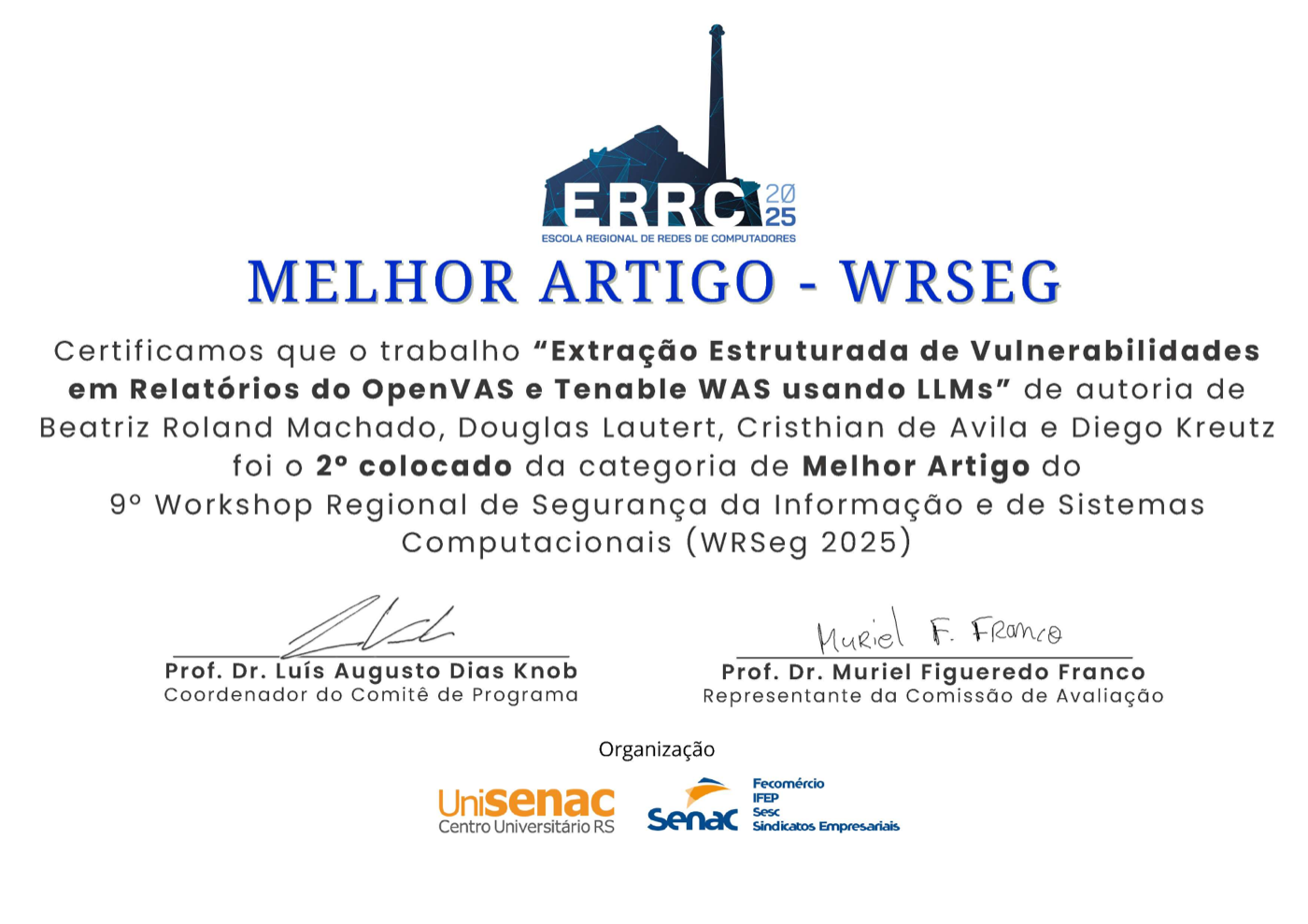 WRSeg 2025 award certificate: Melhor Artigo, 2nd place, for the MulitaMiner paper